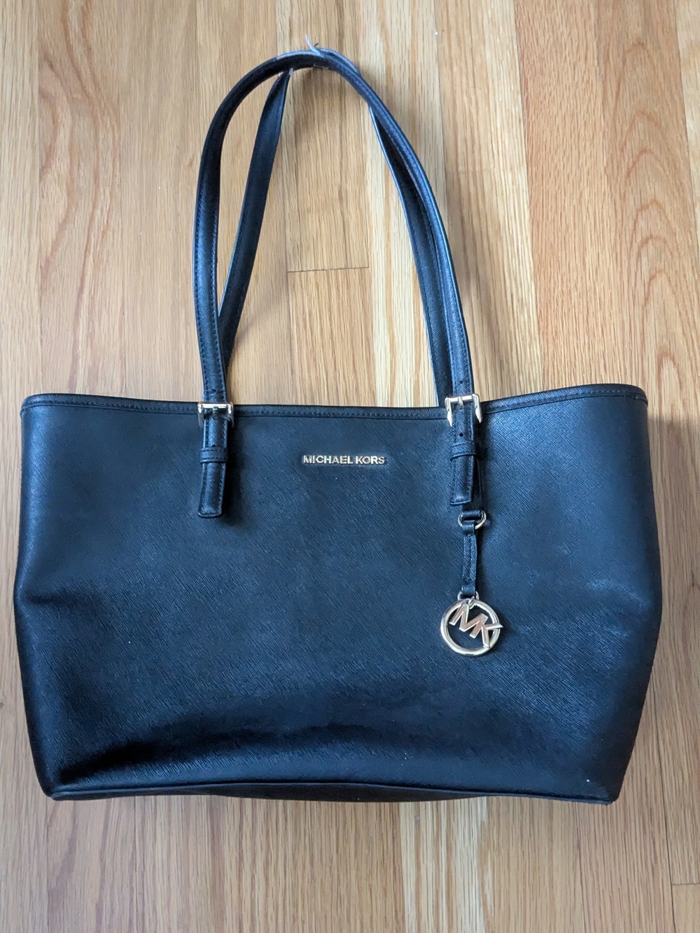 Michael Kors Black Leather Saffiano Tote with Gold Accent